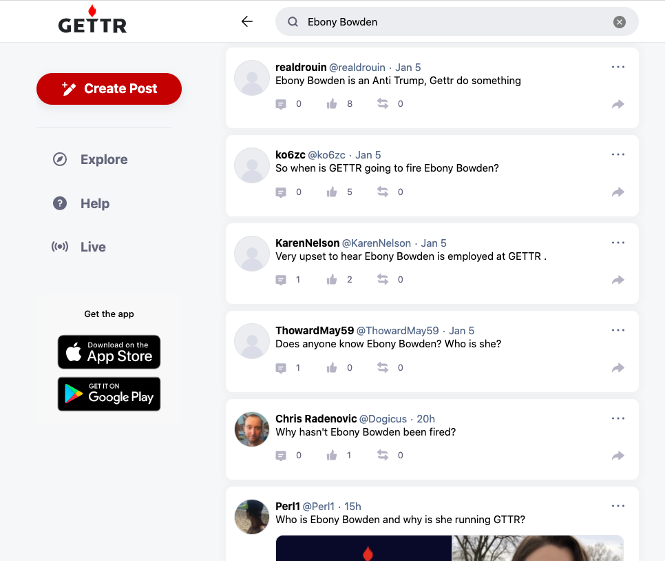 Ebony Bowden GETTR Trump criticism